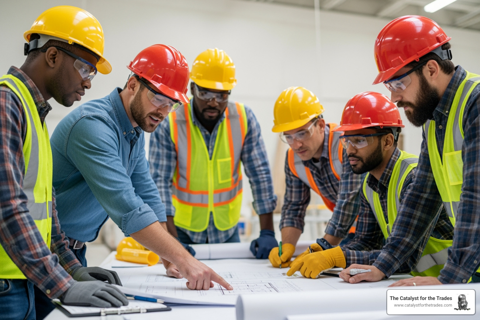 diverse group of tradespeople collaborating effectively on a project - trades leadership development