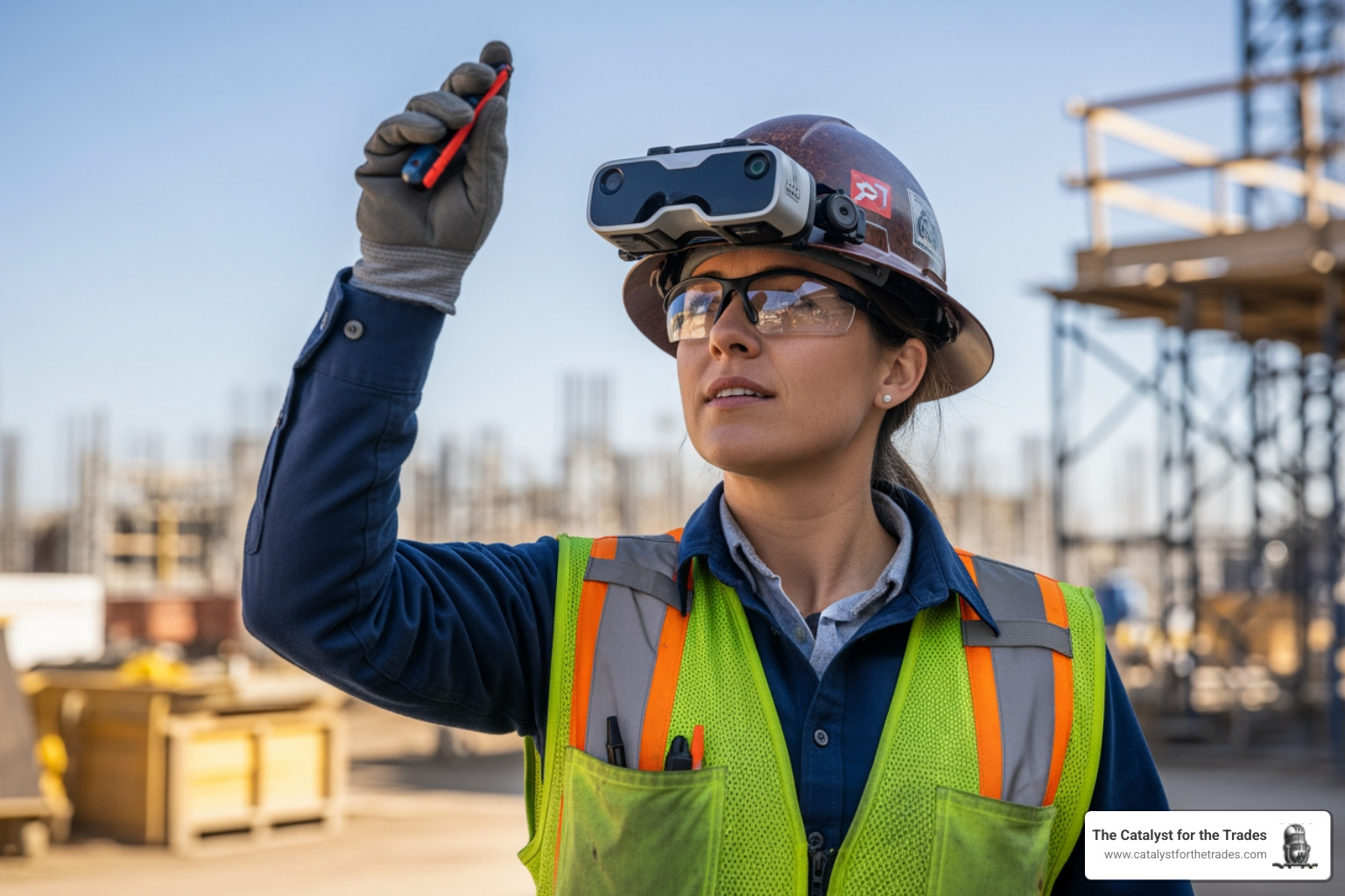 female trades leader using AR glasses on a job site - trades leadership development