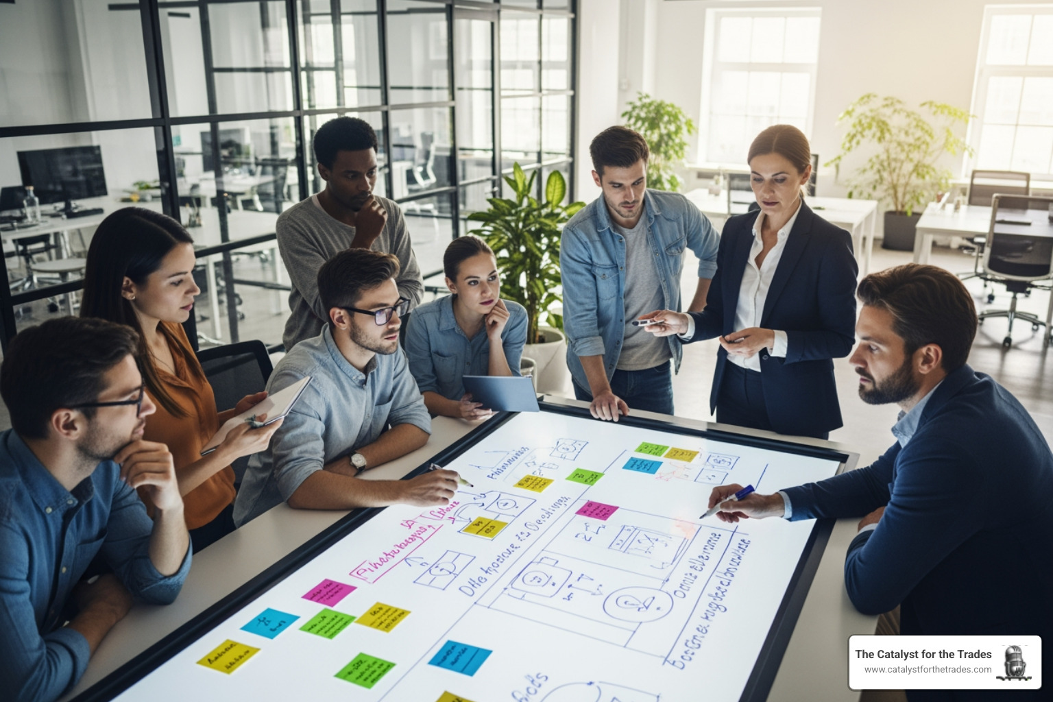 leader at a whiteboard with a team - organizational change