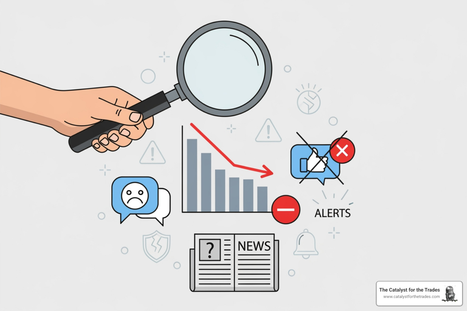 illustration of online reputation threats with a magnifying glass over negative reviews, social media comments, and fake news articles - online reputation management