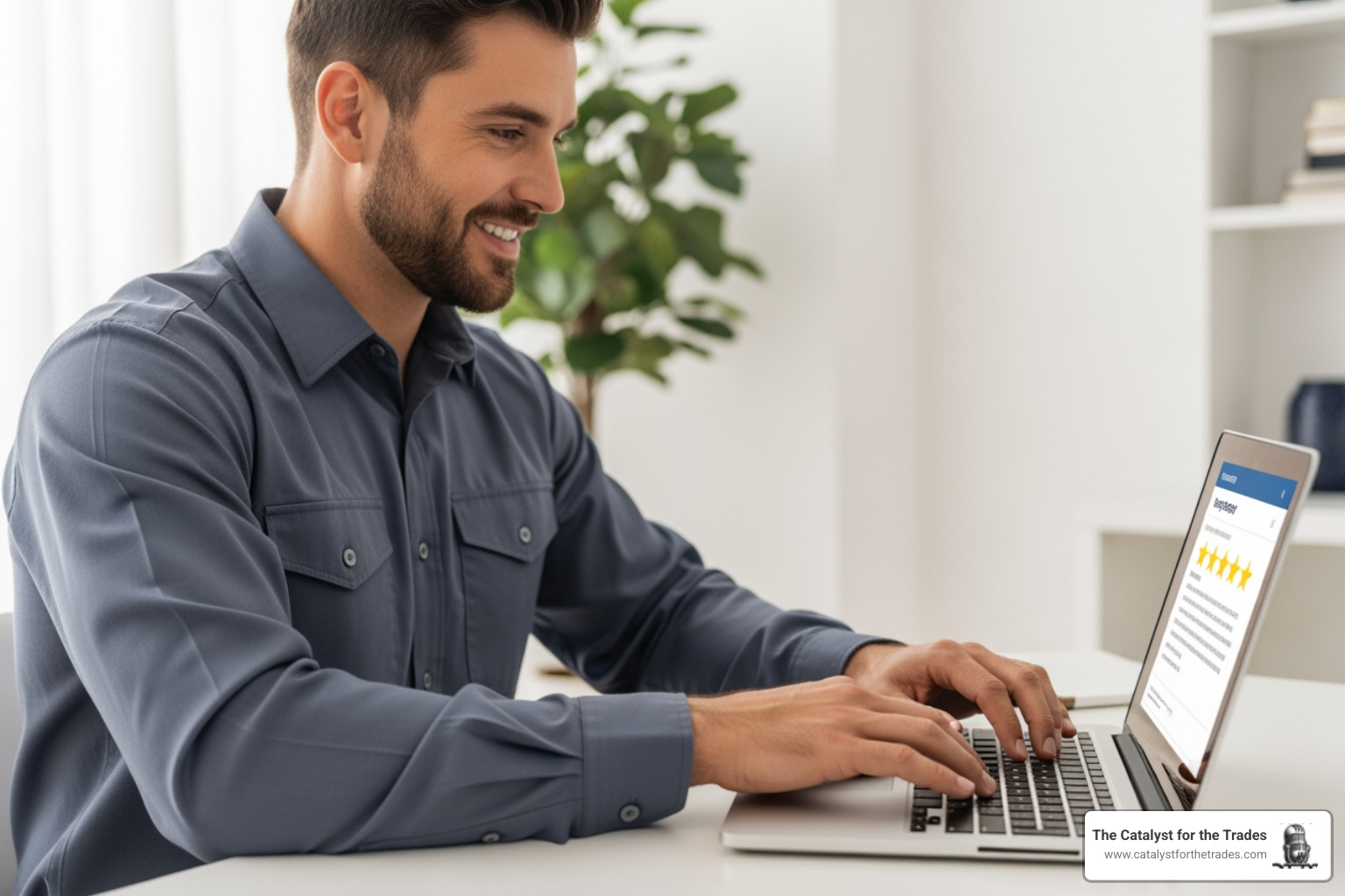 contractor responding professionally to customer review on laptop - online reputation management