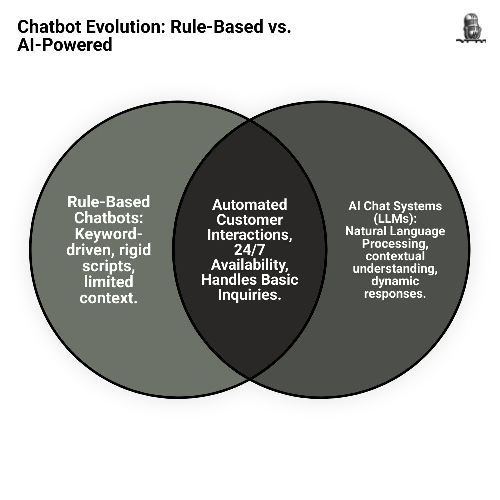 Infographic comparing traditional rule-based chatbots that follow preset decision trees with modern AI chat systems powered by Large Language Models (LLMs) that use natural language processing, machine learning, and contextual understanding to generate dynamic responses in real-time - ai chat systems infographic venn_diagram Infographic comparing traditional rule-based chatbots that follow preset decision trees with modern AI chat systems powered by Large Language Models (LLMs) that use natural language processing, machine learning, and contextual understanding to generate dynamic responses in real-time - ai chat systems infographic venn_diagram