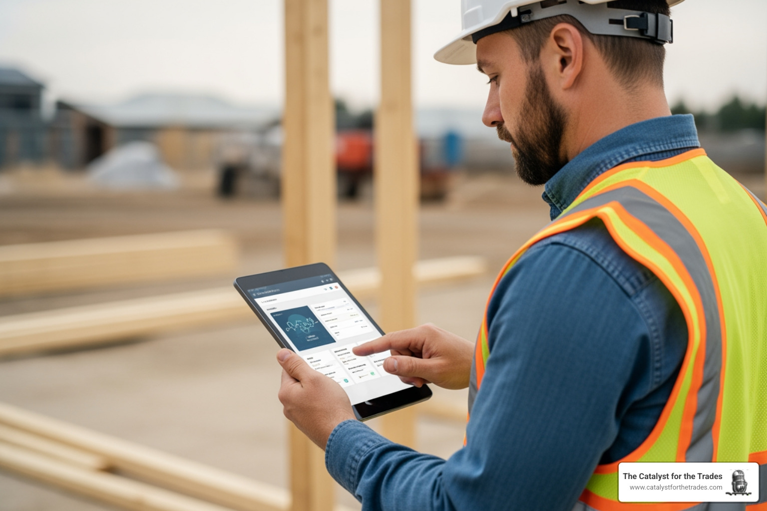 professional contractor reviewing digital marketing dashboard on tablet at construction job site - digital marketing for contractors professional contractor reviewing digital marketing dashboard on tablet at construction job site - digital marketing for contractors