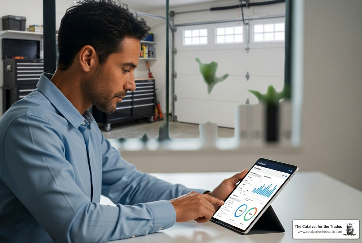 home service business owner reviewing AI analytics dashboard on tablet in modern office - ai and technology implementation keywords home service business owner reviewing AI analytics dashboard on tablet in modern office - ai and technology implementation keywords