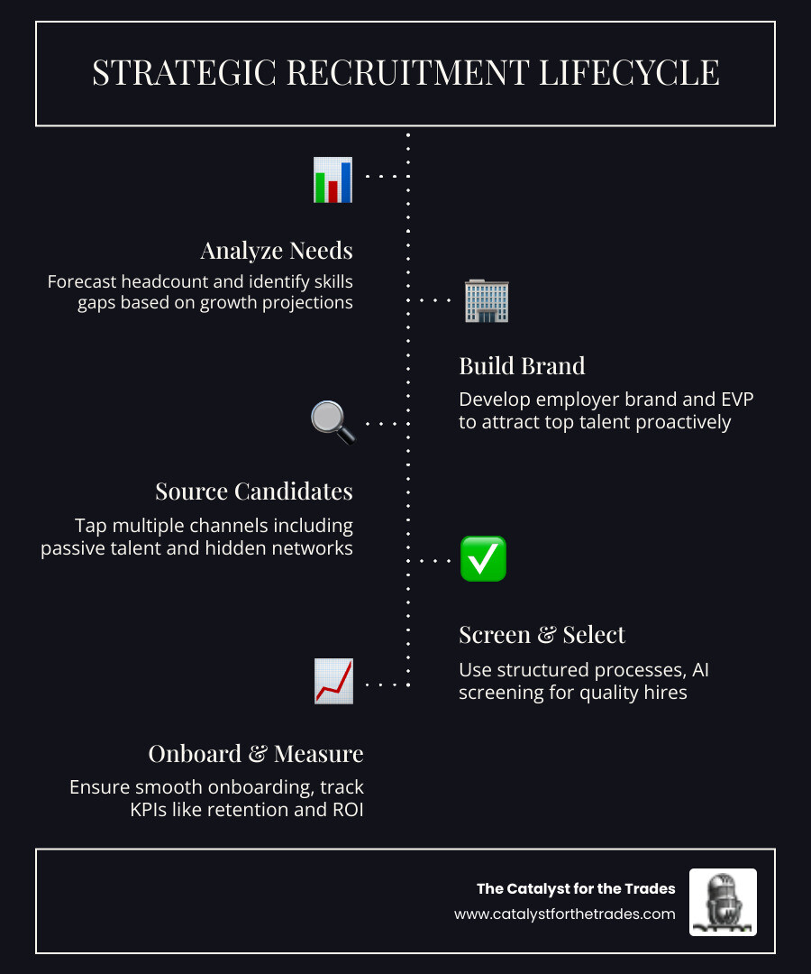 Infographic showing the strategic recruitment lifecycle: 1) Analyze workforce needs and forecast headcount, 2) Build employer brand and EVP, 3) Source candidates through multiple channels, 4) Screen and select using structured processes, 5) Deliver exceptional candidate experience, 6) Onboard for long-term success, 7) Measure KPIs and continuously improve - strategic recruiting infographic infographic-line-5-steps-dark Infographic showing the strategic recruitment lifecycle: 1) Analyze workforce needs and forecast headcount, 2) Build employer brand and EVP, 3) Source candidates through multiple channels, 4) Screen and select using structured processes, 5) Deliver exceptional candidate experience, 6) Onboard for long-term success, 7) Measure KPIs and continuously improve - strategic recruiting infographic infographic-line-5-steps-dark