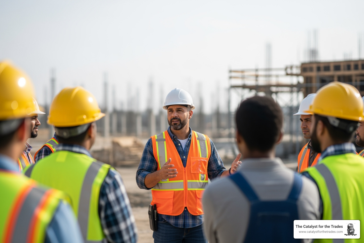 confident construction foreman leading a morning huddle on a job site - contractor leadership