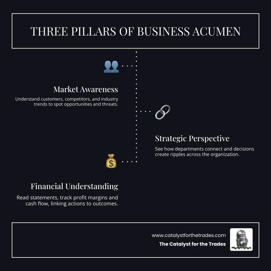 Infographic showing the three pillars of business acumen: Market Awareness (understanding customers, competitors, and industry trends), Strategic Perspective (seeing how departments connect and decisions ripple through the organization), and Financial Understanding (reading statements, tracking key metrics like profit margin and cash flow, and linking actions to financial outcomes) - business acumen infographic infographic-line-3-steps-dark