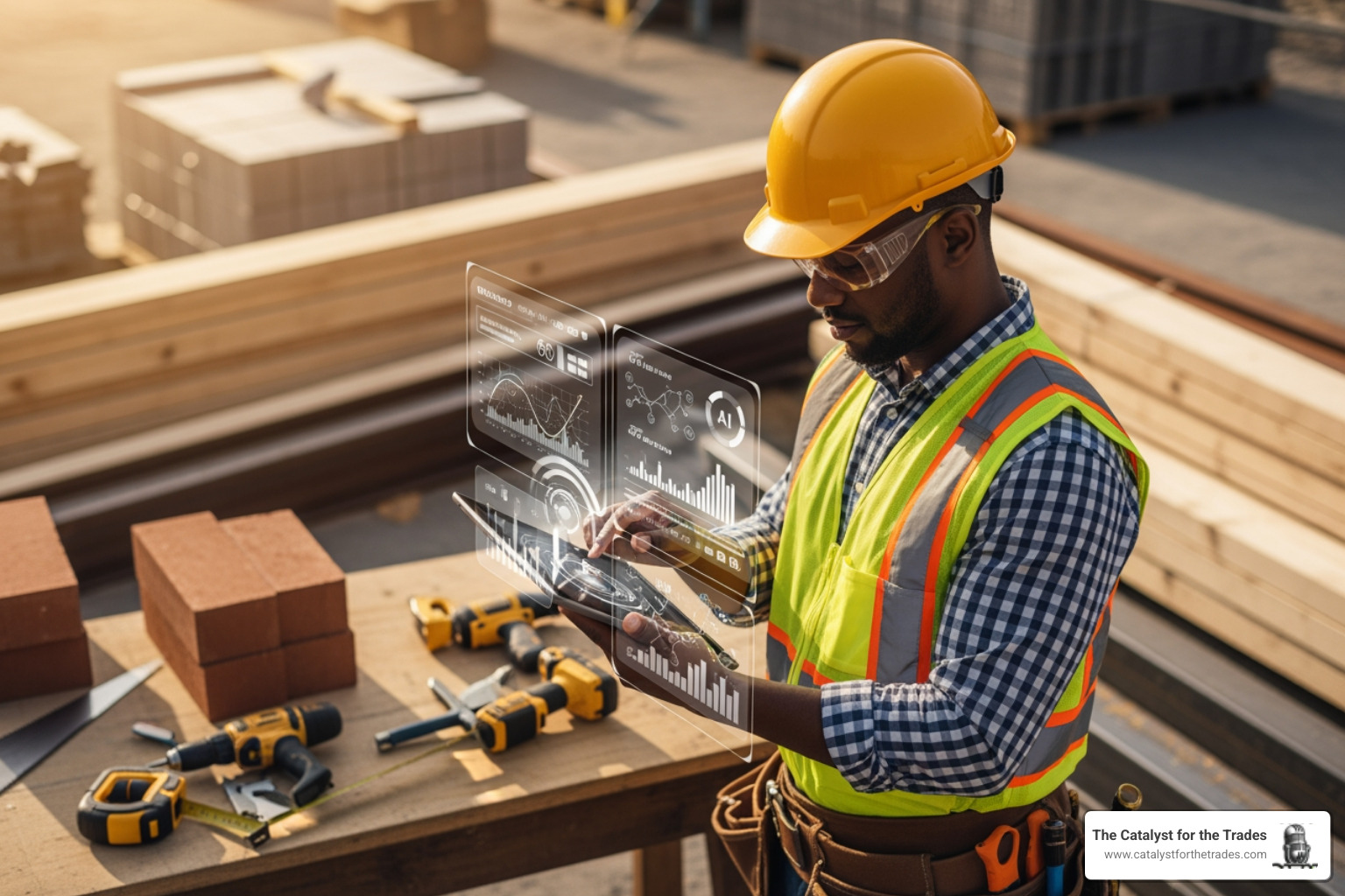 contractor using AI tools on a jobsite with tablet and digital overlay - "Who can help me develop a contractor AI strategy contractor using AI tools on a jobsite with tablet and digital overlay - "Who can help me develop a contractor AI strategy