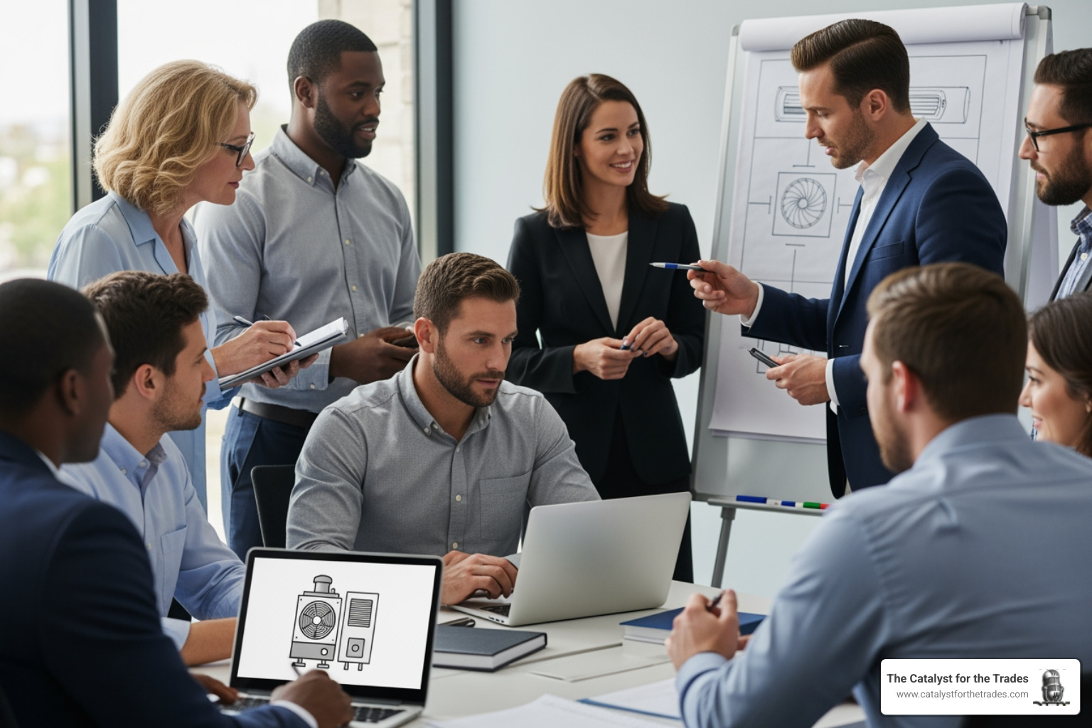 An HVAC business owner sitting at a clean desk, reviewing a detailed strategic roadmap and financial charts on a tablet, looking focused and calm - business coaching for hvac owners
