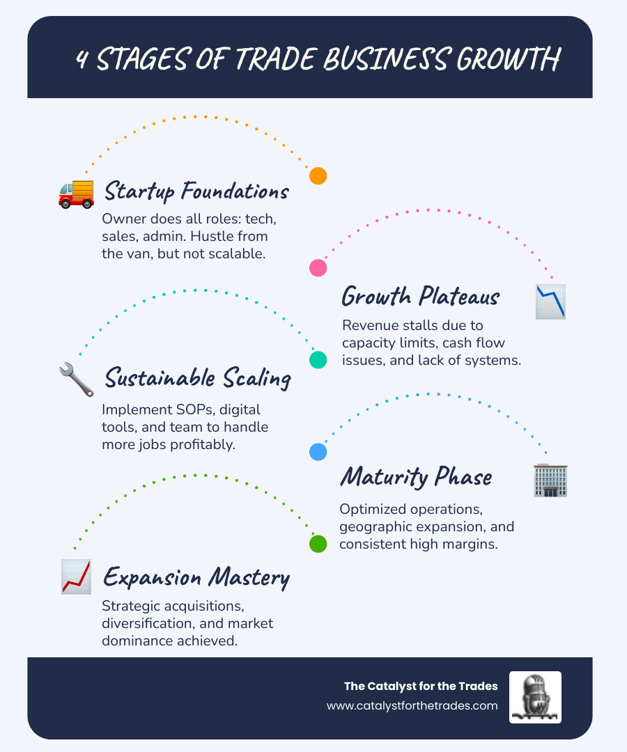 Infographic showing four stages of trade business growth with key strategies and challenges at each stage - business