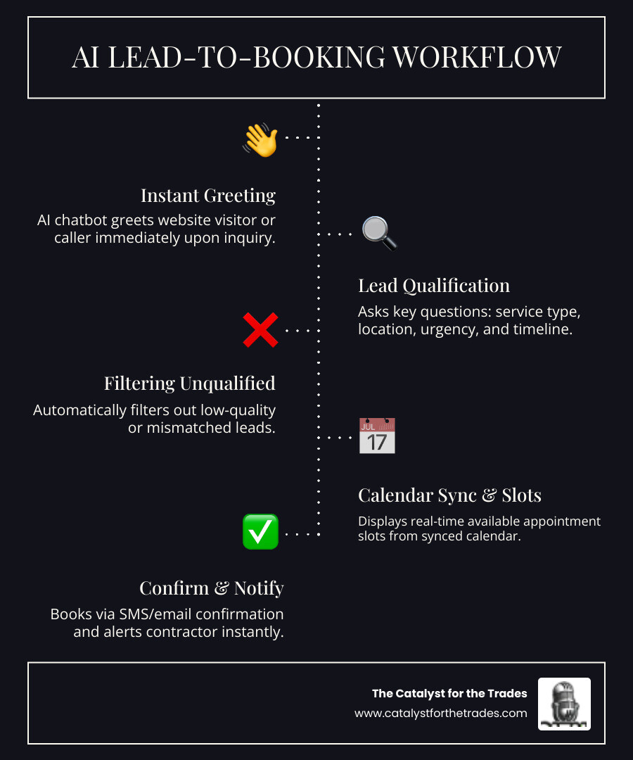 Infographic showing the AI lead-to-booking workflow for contractors: a website visitor or caller triggers the AI chatbot, which instantly greets and qualifies the lead by asking about service type, location, and timeline, then filters out unqualified inquiries, presents available appointment slots from a synced calendar, confirms the booking via SMS or email, and notifies the contractor in real time — all without human intervention, displayed as a horizontal step-by-step flowchart with icons for each stage - ai chatbots for contractors infographic infographic-line-5-steps-dark Infographic showing the AI lead-to-booking workflow for contractors: a website visitor or caller triggers the AI chatbot, which instantly greets and qualifies the lead by asking about service type, location, and timeline, then filters out unqualified inquiries, presents available appointment slots from a synced calendar, confirms the booking via SMS or email, and notifies the contractor in real time — all without human intervention, displayed as a horizontal step-by-step flowchart with icons for each stage - ai chatbots for contractors infographic infographic-line-5-steps-dark