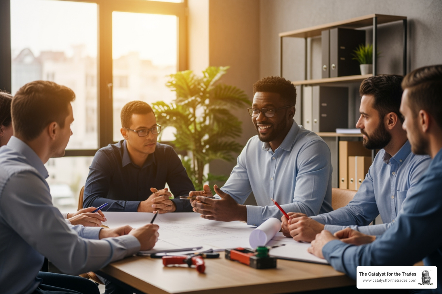trades business owner leading a team meeting in a modern office - entrepreneurship in the trades trades business owner leading a team meeting in a modern office - entrepreneurship in the trades
