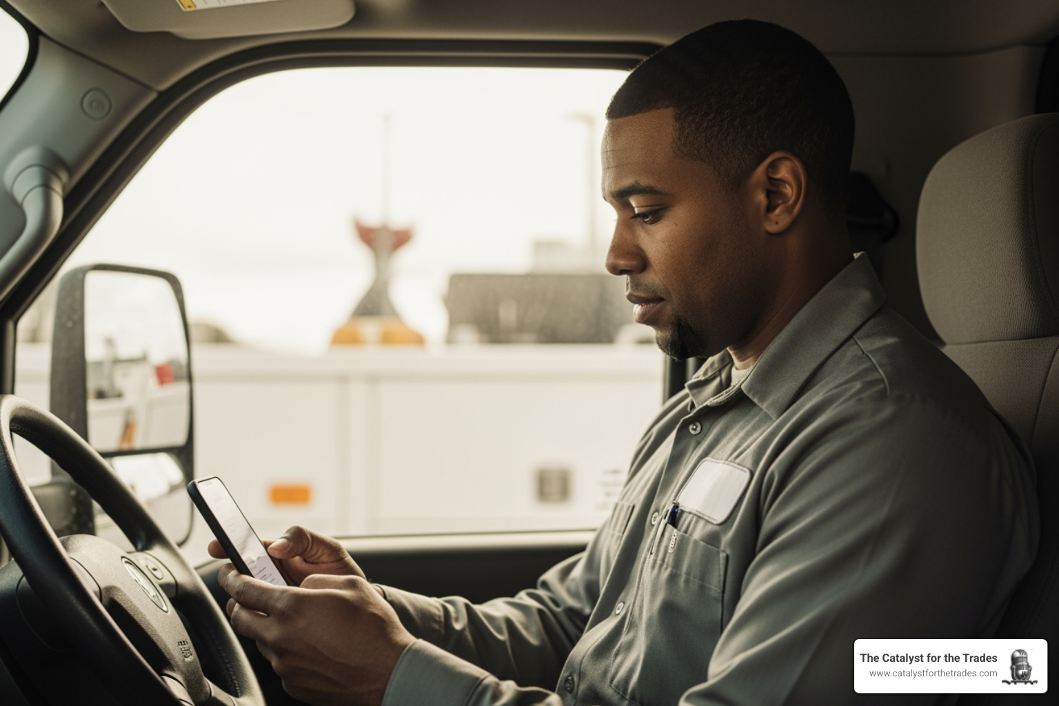 technician using a mobile onboarding app on a smartphone in a service truck - onboarding systems for service businesses technician using a mobile onboarding app on a smartphone in a service truck - onboarding systems for service businesses