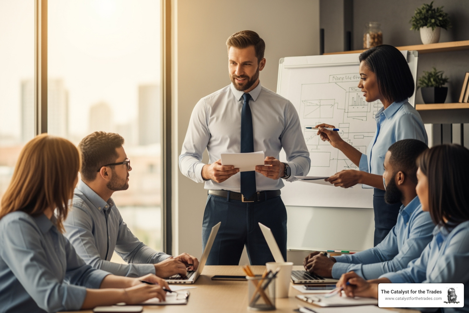 A service business owner leading a team meeting - growth mindset for service entrepreneurs A service business owner leading a team meeting - growth mindset for service entrepreneurs