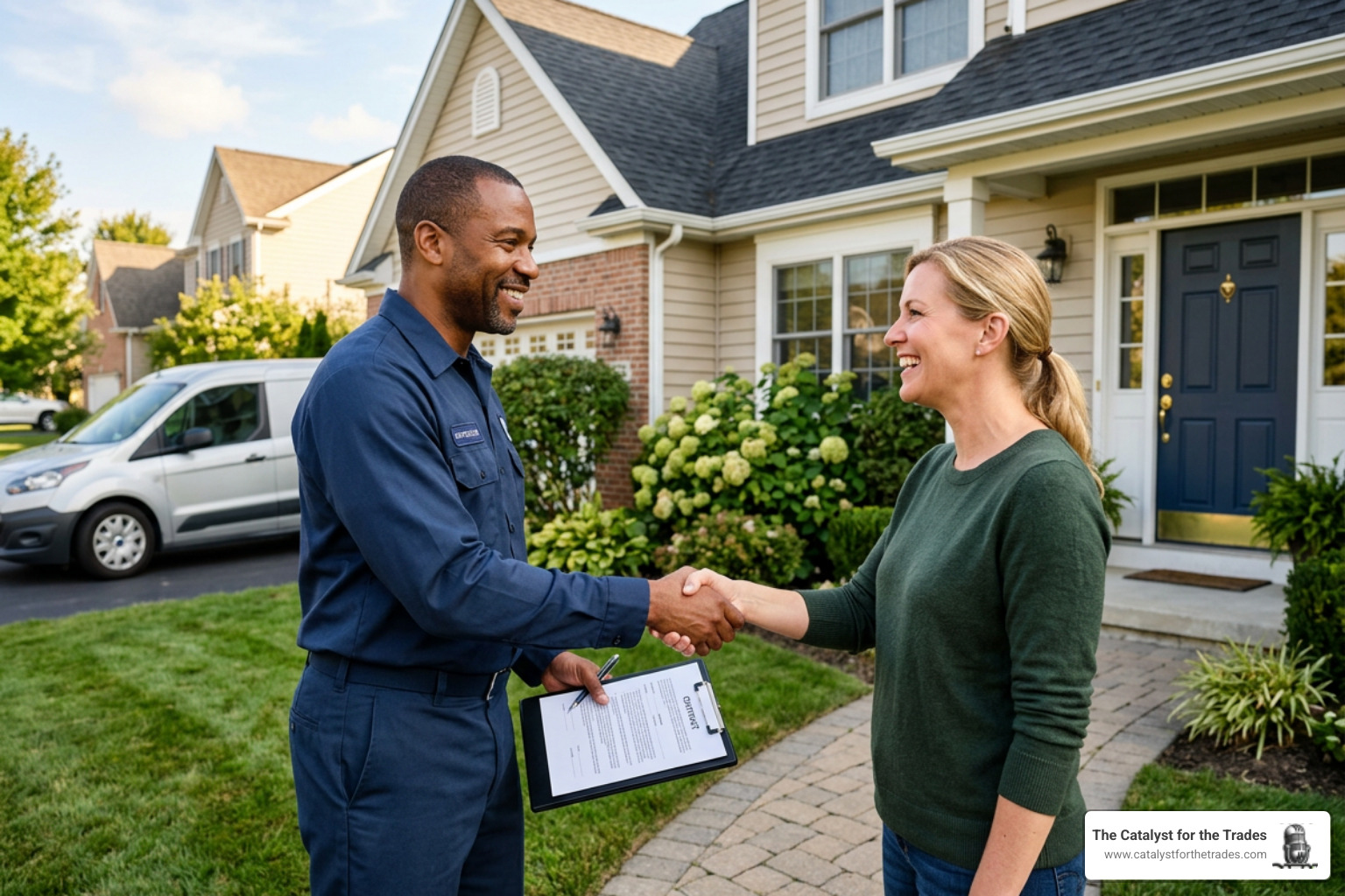 contractor shaking hands with homeowner after closing a deal - follow-up strategies for contractors contractor shaking hands with homeowner after closing a deal - follow-up strategies for contractors
