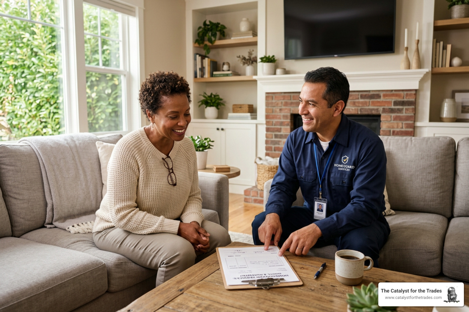 home service professional consulting with a homeowner in a living room - objection handling in home services home service professional consulting with a homeowner in a living room - objection handling in home services