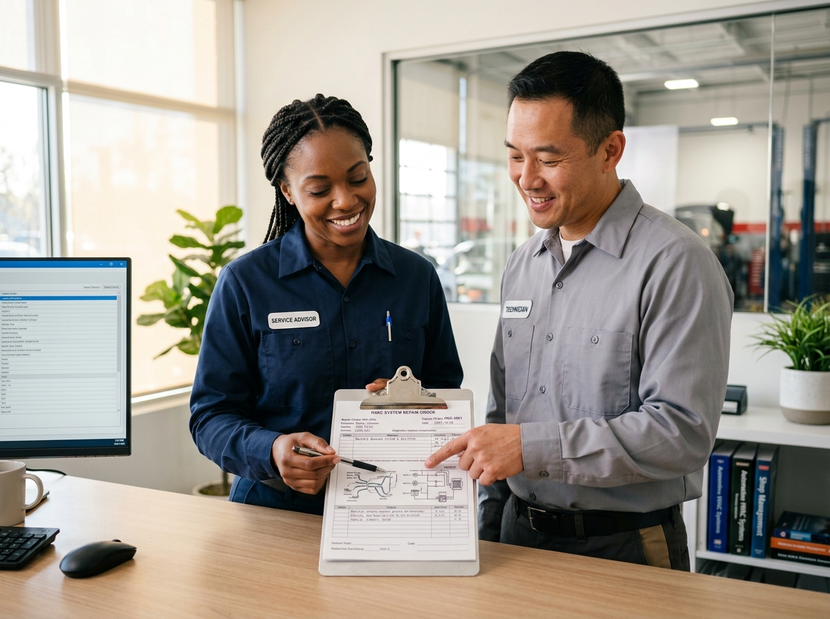 A service advisor and technician collaborating on a detailed repair order in a bright office environment - improving A service advisor and technician collaborating on a detailed repair order in a bright office environment - improving