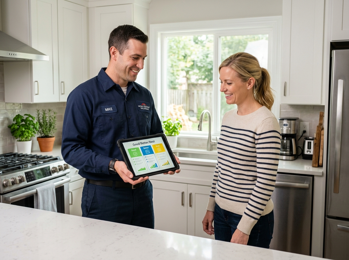 A technician using a tablet to show a Good/Better/Best comparison to a homeowner - improving technician sales performance A technician using a tablet to show a Good/Better/Best comparison to a homeowner - improving technician sales performance