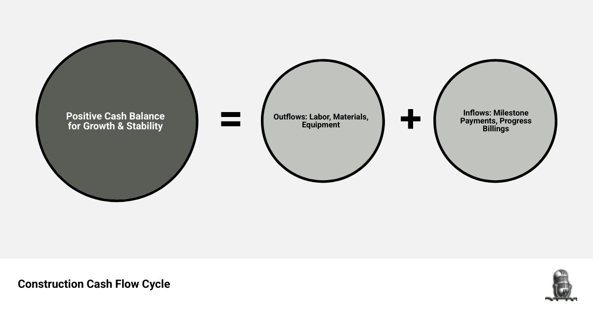 Construction cash flow cycle infographic from bidding through closeout showing cash inflows and outflows by project phase