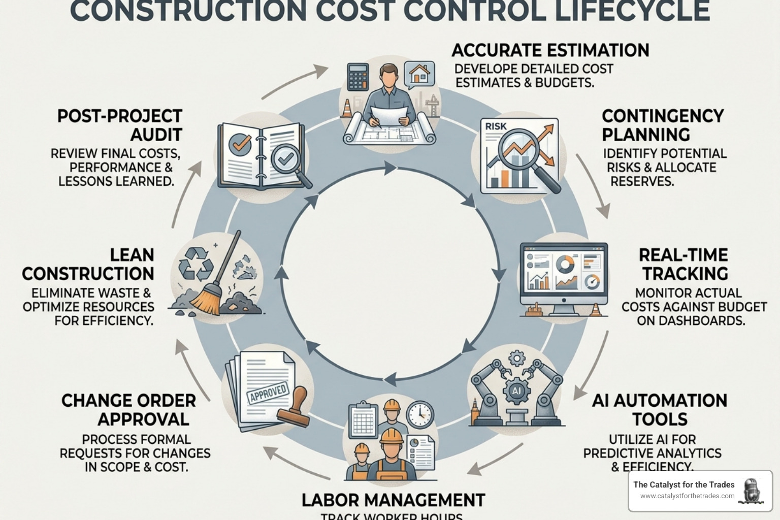 Infographic showing the construction cost control lifecycle from estimation to post-project audit - cost control strategies Infographic showing the construction cost control lifecycle from estimation to post-project audit - cost control strategies