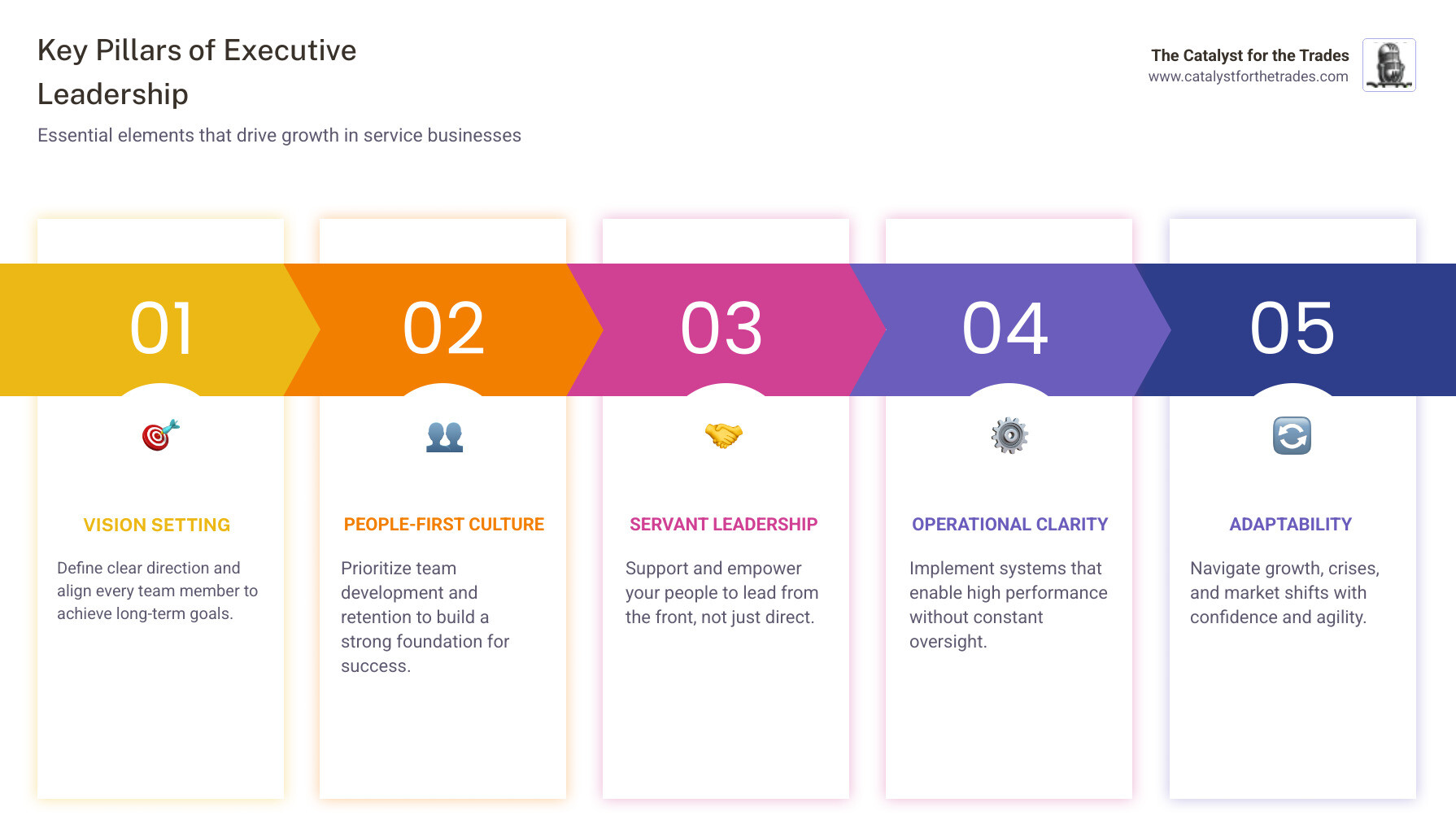 Infographic showing key pillars of executive leadership in service businesses and their impact on growth - executive Infographic showing key pillars of executive leadership in service businesses and their impact on growth - executive