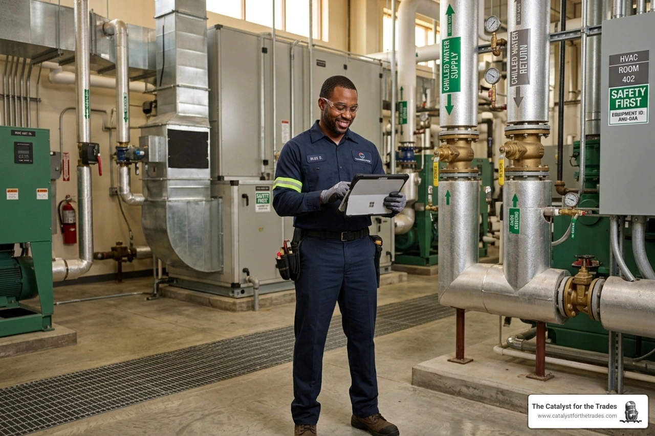 technician reviewing data on a tablet in a mechanical room - predictive maintenance technology technician reviewing data on a tablet in a mechanical room - predictive maintenance technology