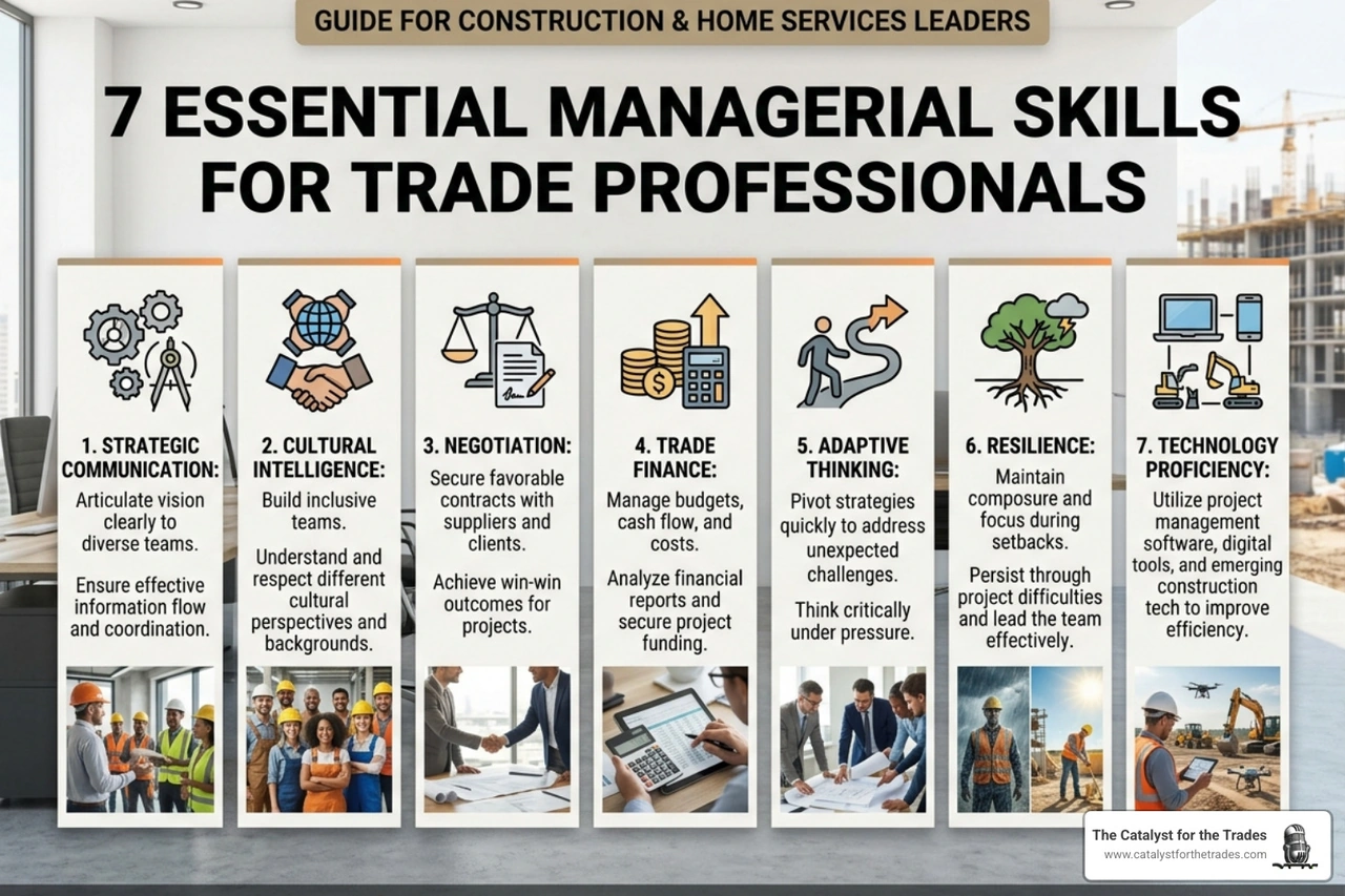 Infographic showing 7 essential managerial skills for trade professionals with icons and brief descriptions - managerial