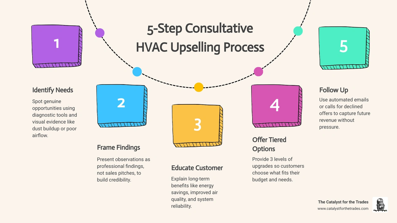 5-step consultative HVAC upselling process from identifying needs to automated follow-up - upselling hvac services