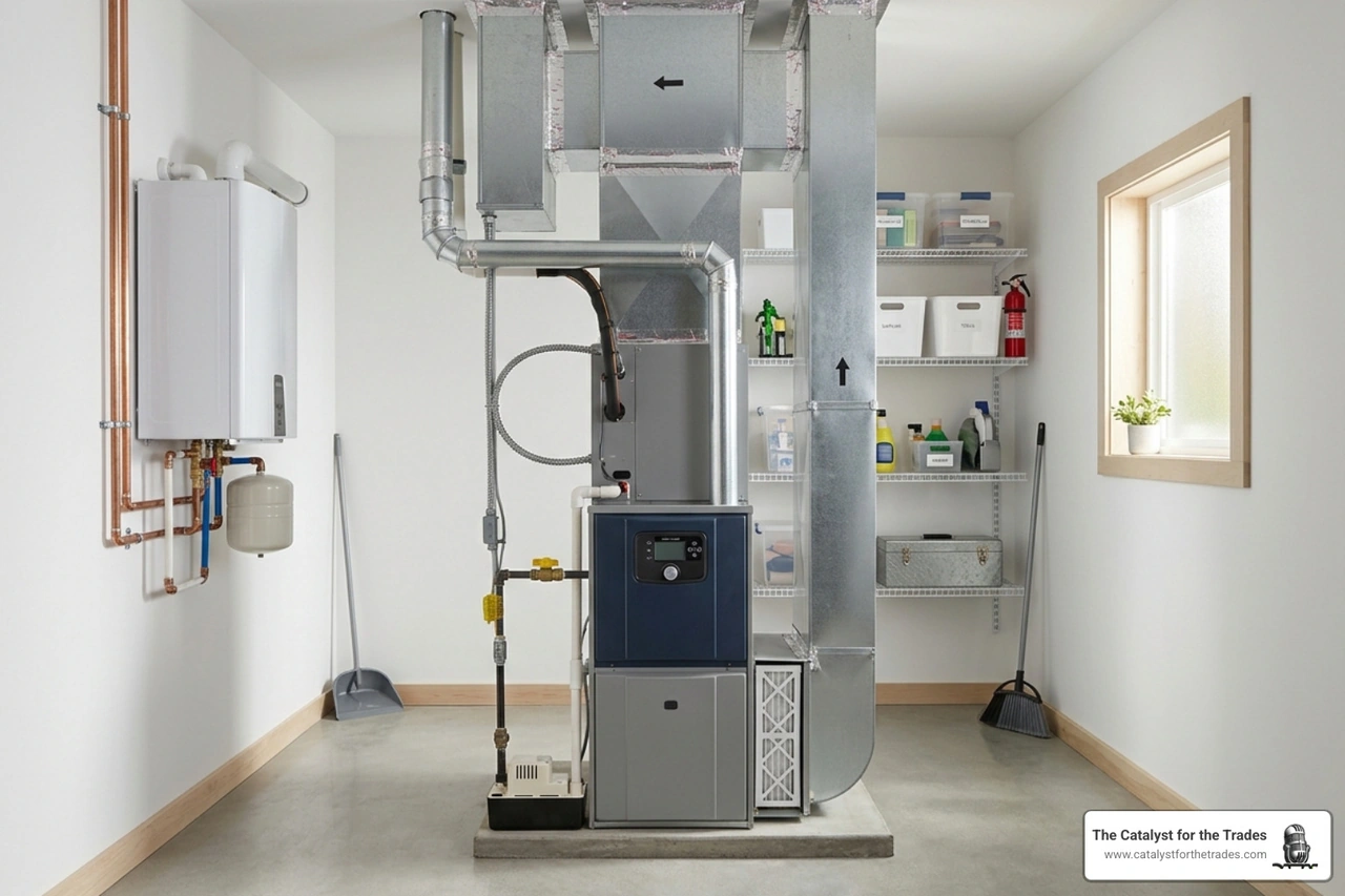 A modern, high-efficiency HVAC unit installed in a clean utility room - upselling hvac services
