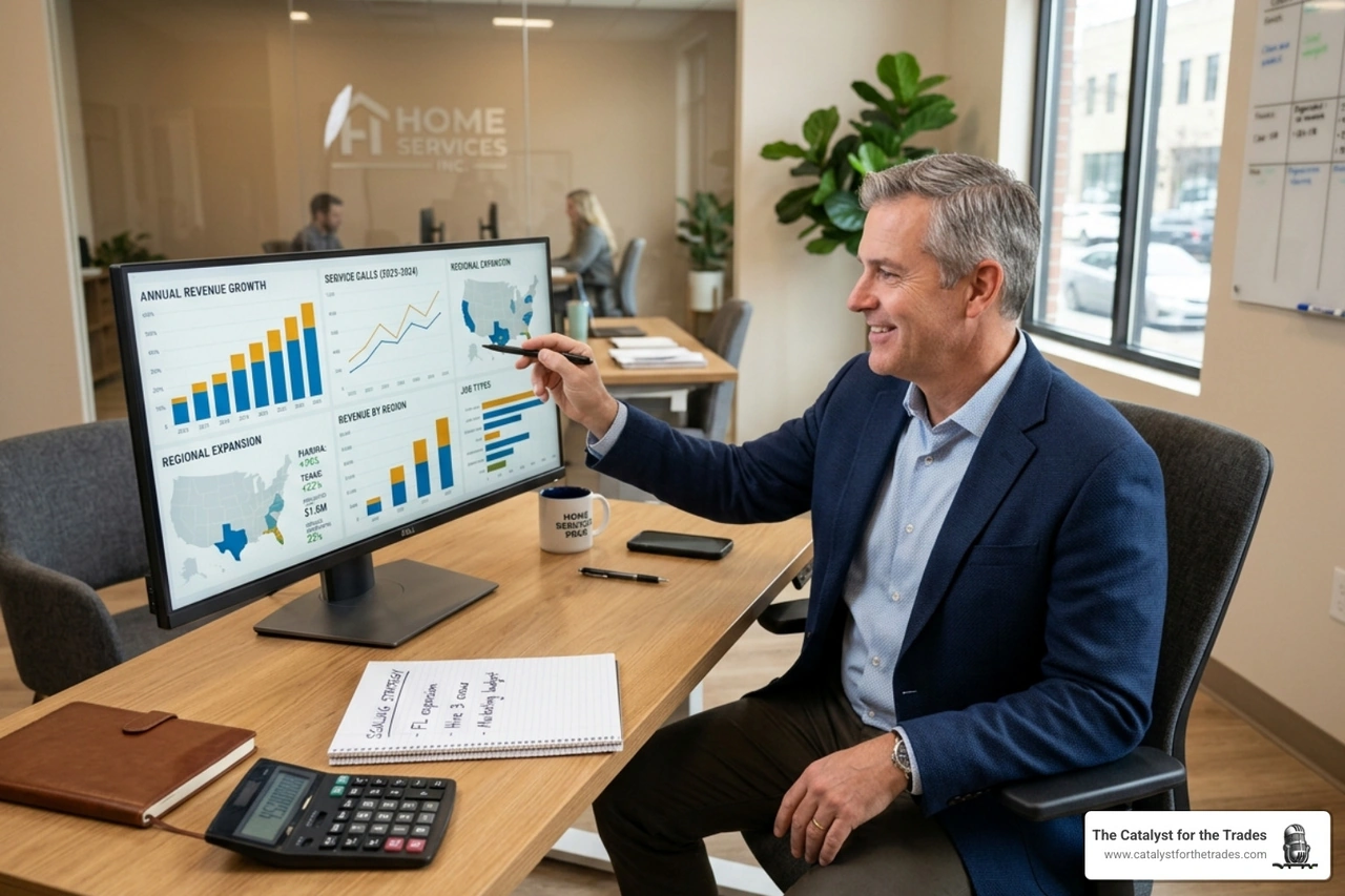A successful business owner reviewing growth charts and planning scaling strategies - expert interviews in home services