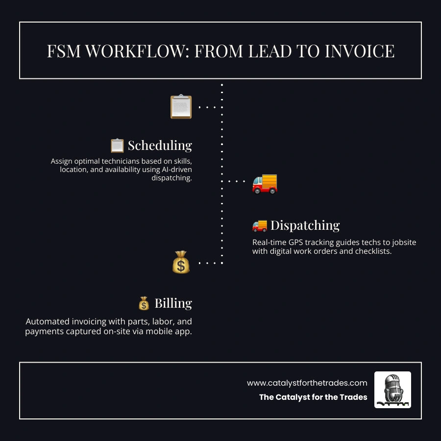 FSM workflow infographic from lead to invoice showing scheduling dispatching and billing steps - field service management