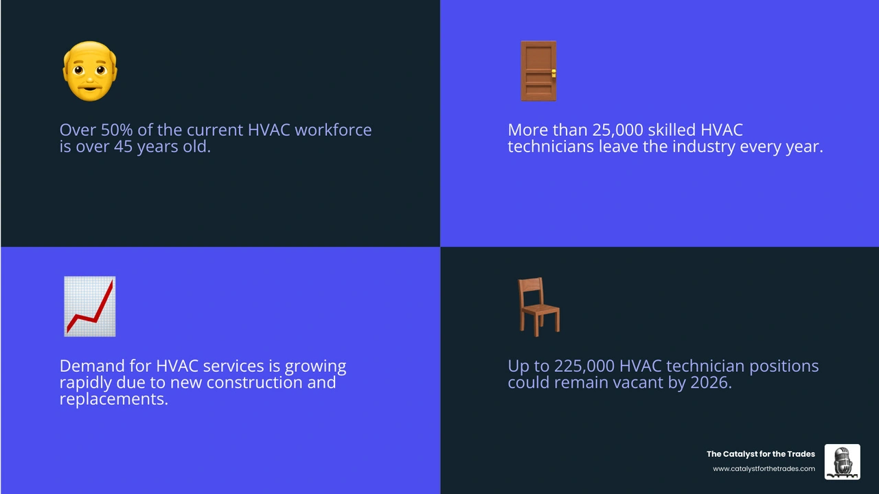 Infographic showing the 2026 HVAC technician shortage: 50% of workforce over 45, 25,000 leaving annually, 225,000 projected Infographic showing the 2026 HVAC technician shortage: 50% of workforce over 45, 25,000 leaving annually, 225,000 projected