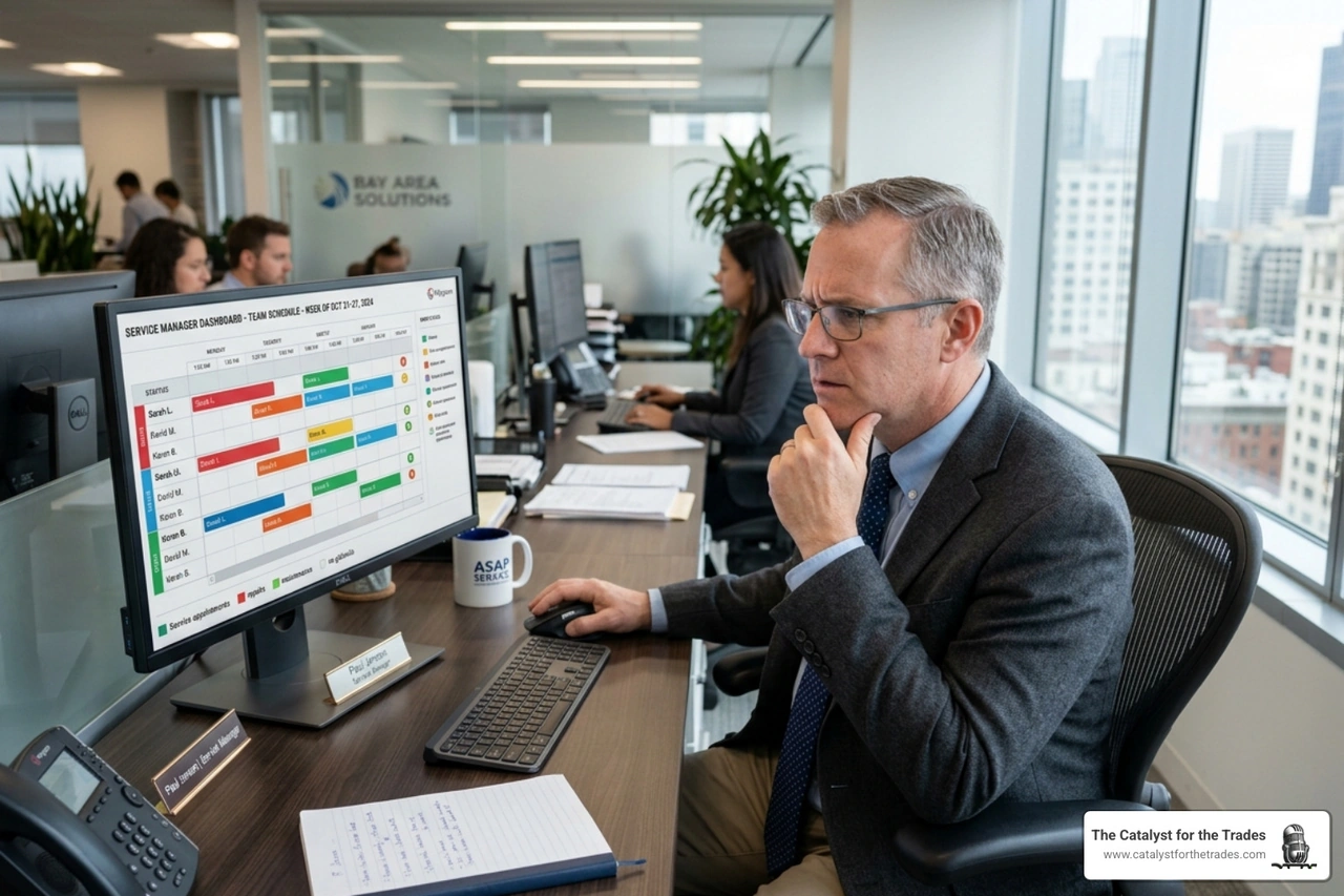 A service manager in a clean office environment reviewing a digital schedule on a large monitor, looking concerned but A service manager in a clean office environment reviewing a digital schedule on a large monitor, looking concerned but