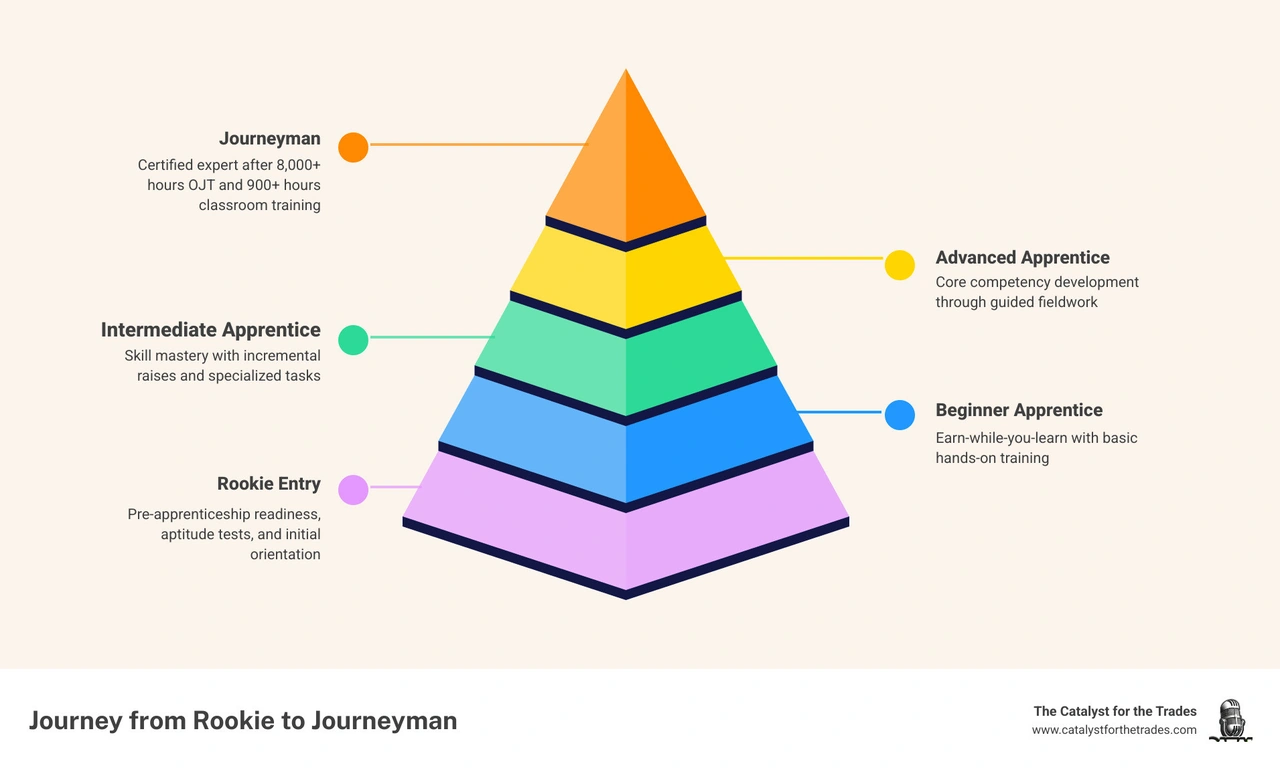 Infographic showing the journey from rookie to journeyman in trade training programs - training programs for trade employees Infographic showing the journey from rookie to journeyman in trade training programs - training programs for trade employees