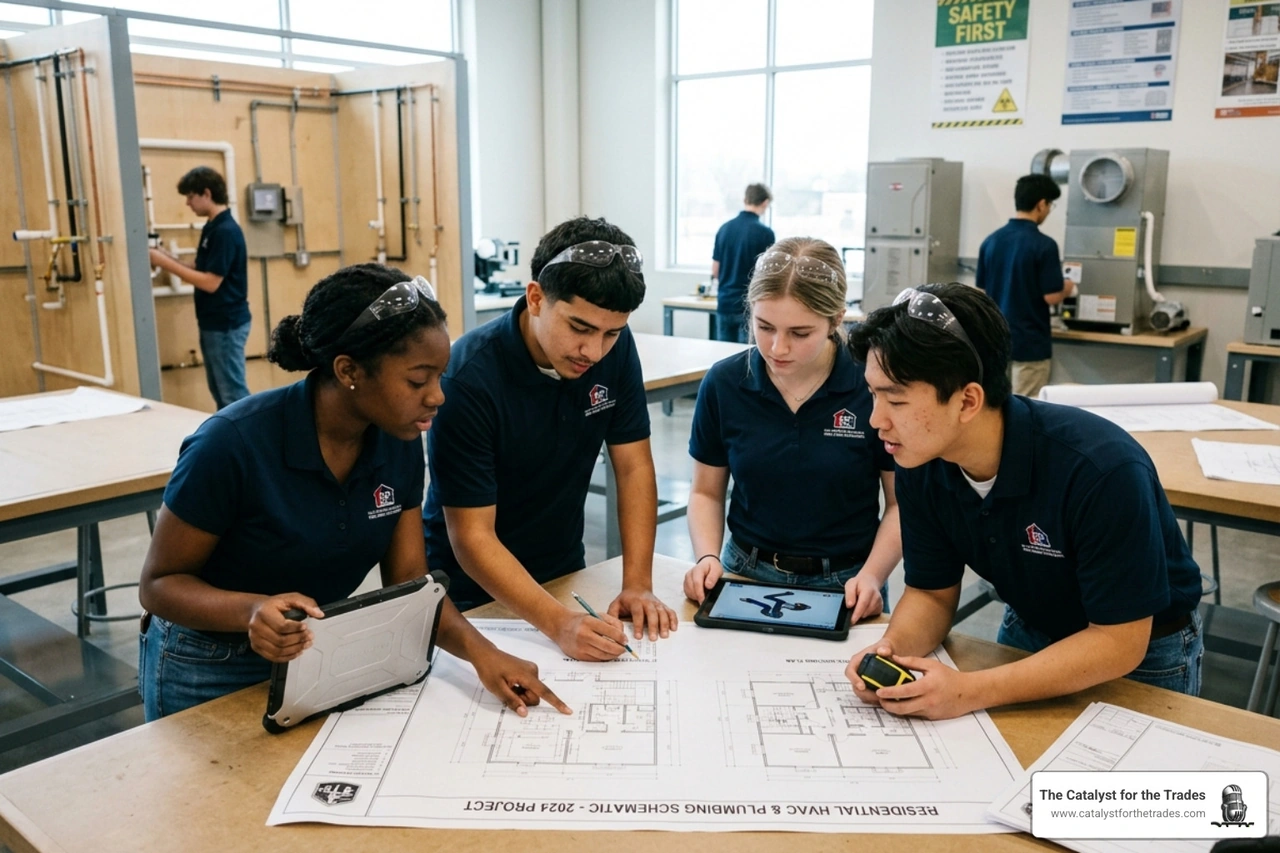 Trade students in a high-tech classroom learning technical blueprints - training programs for trade employees Trade students in a high-tech classroom learning technical blueprints - training programs for trade employees
