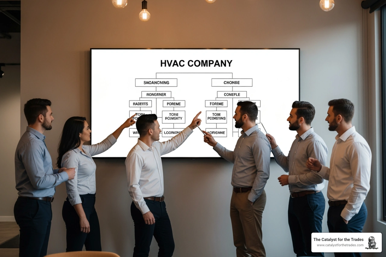 Simple HVAC organizational chart on office screen with team members discussing responsibilities