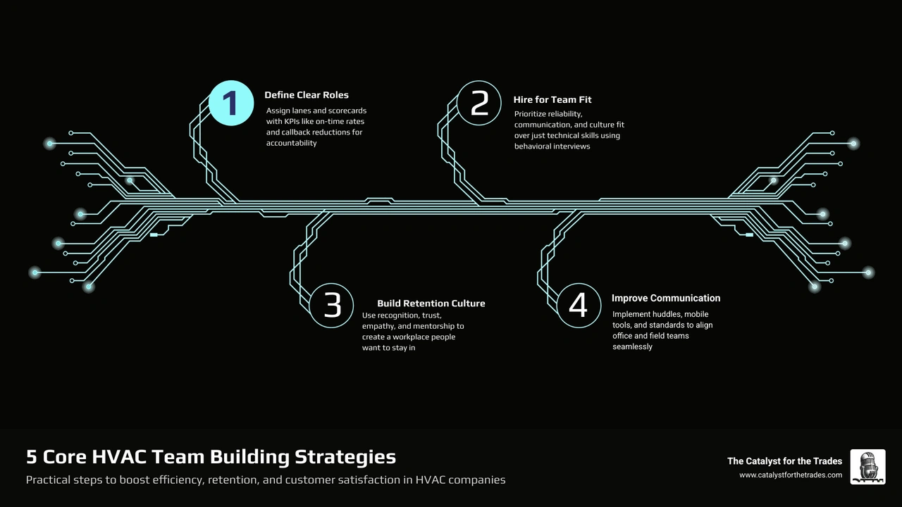 Infographic showing 5 HVAC team building strategies linked to efficiency, retention, and customer satisfaction outcomes