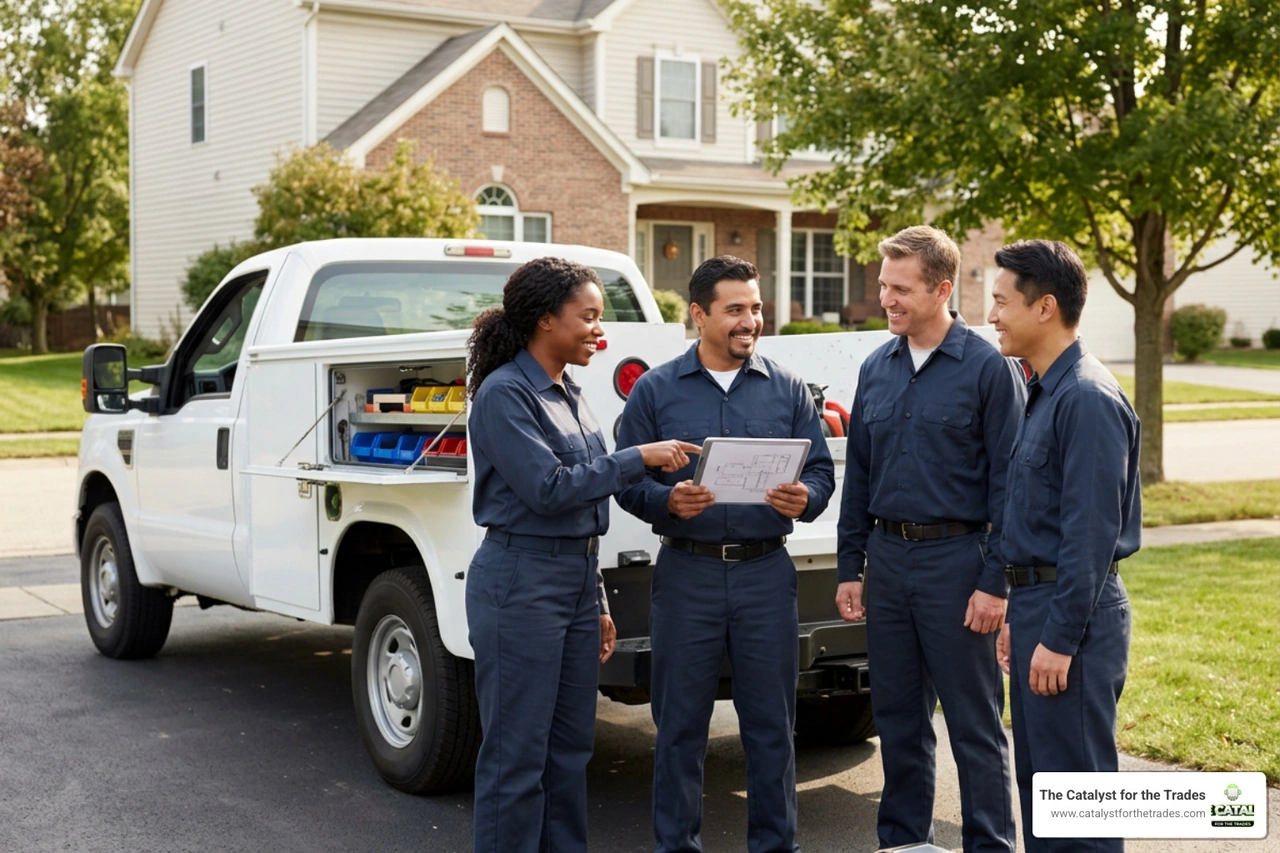 a happy field service team collaborating and smiling together near a service truck