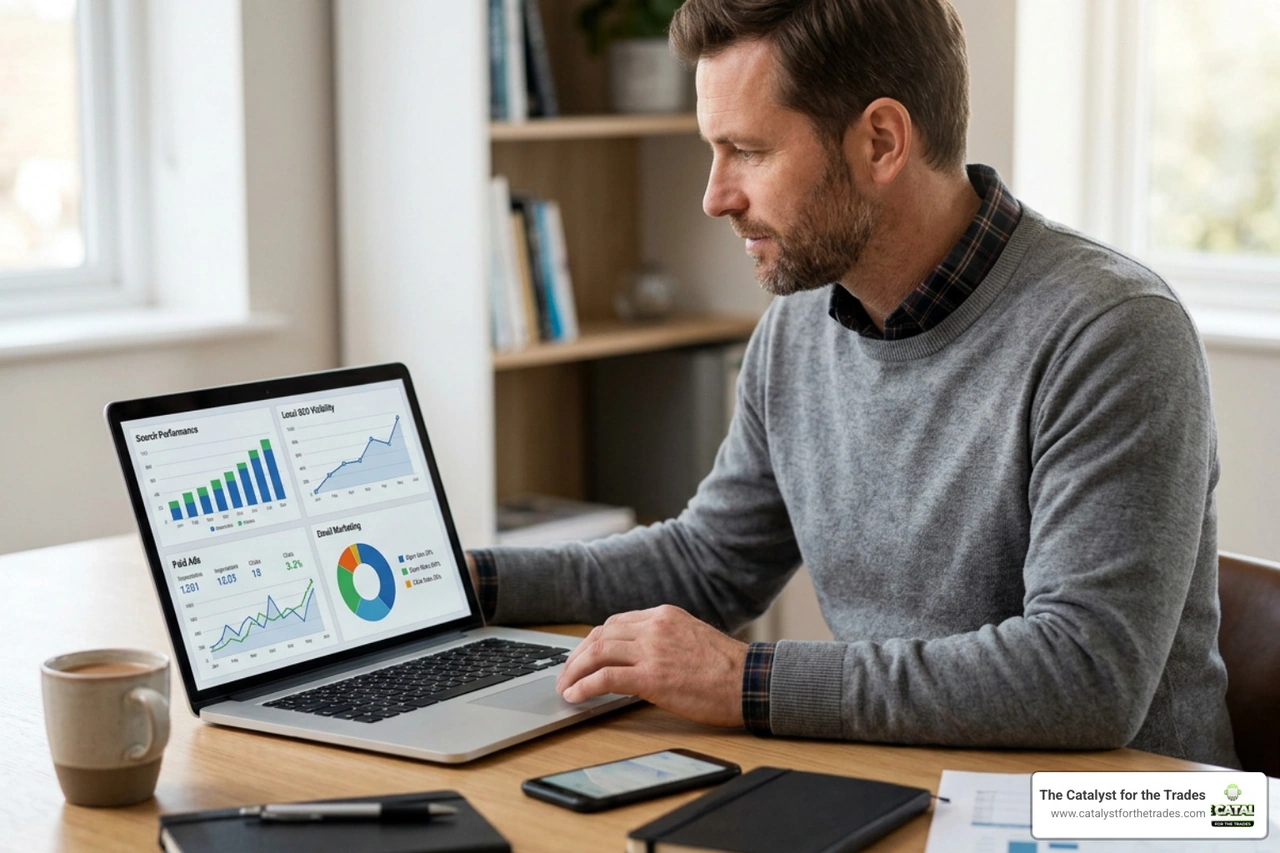 Digital marketing channel allocation showing search, local SEO, paid ads, and email marketing for contractors Digital marketing channel allocation showing search, local SEO, paid ads, and email marketing for contractors