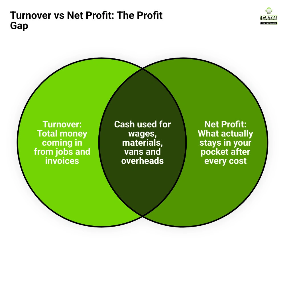Infographic showing the difference between turnover, gross profit, and net profit for a trades business with warning signs