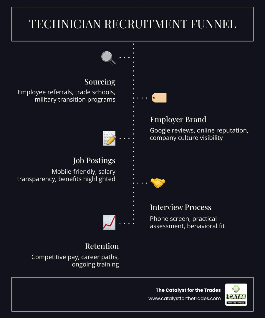 Infographic showing the technician recruitment funnel from sourcing to retention for HVAC and plumbing businesses infographic