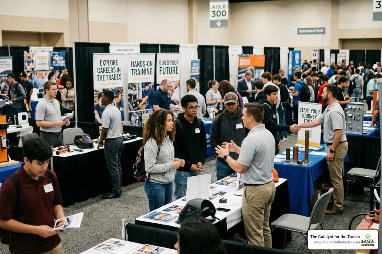 A high-energy trade school recruitment event with students visiting booths