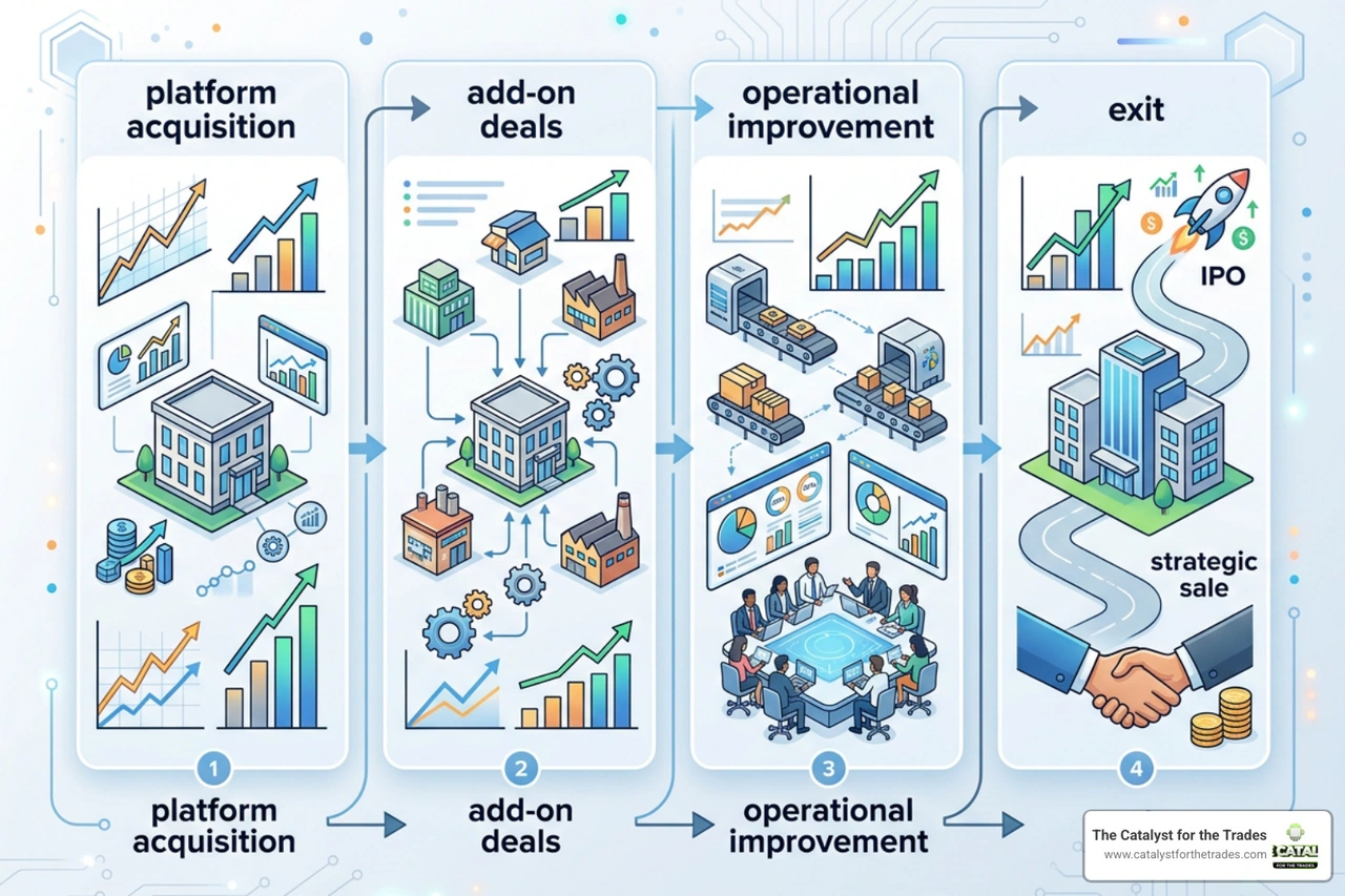 Private equity roll-up lifecycle infographic showing platform acquisition, add-on deals, operational improvement, and exit Private equity roll-up lifecycle infographic showing platform acquisition, add-on deals, operational improvement, and exit