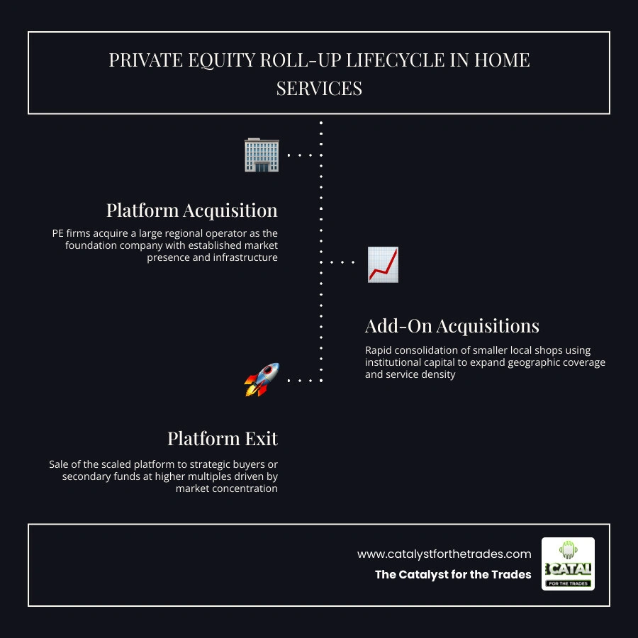 Infographic showing the private equity roll-up lifecycle in home services from acquisition to platform exit infographic