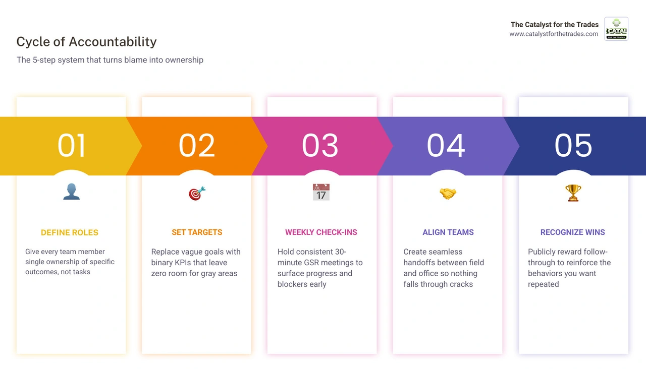 Cycle of team accountability in a trades business showing roles, goals, check-ins, and recognition infographic Cycle of team accountability in a trades business showing roles, goals, check-ins, and recognition infographic