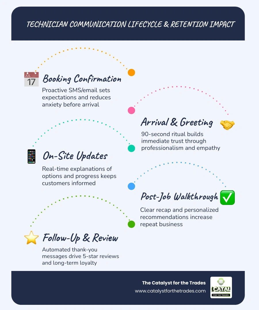 Infographic showing the technician communication lifecycle from booking confirmation to post-job review request and its Infographic showing the technician communication lifecycle from booking confirmation to post-job review request and its