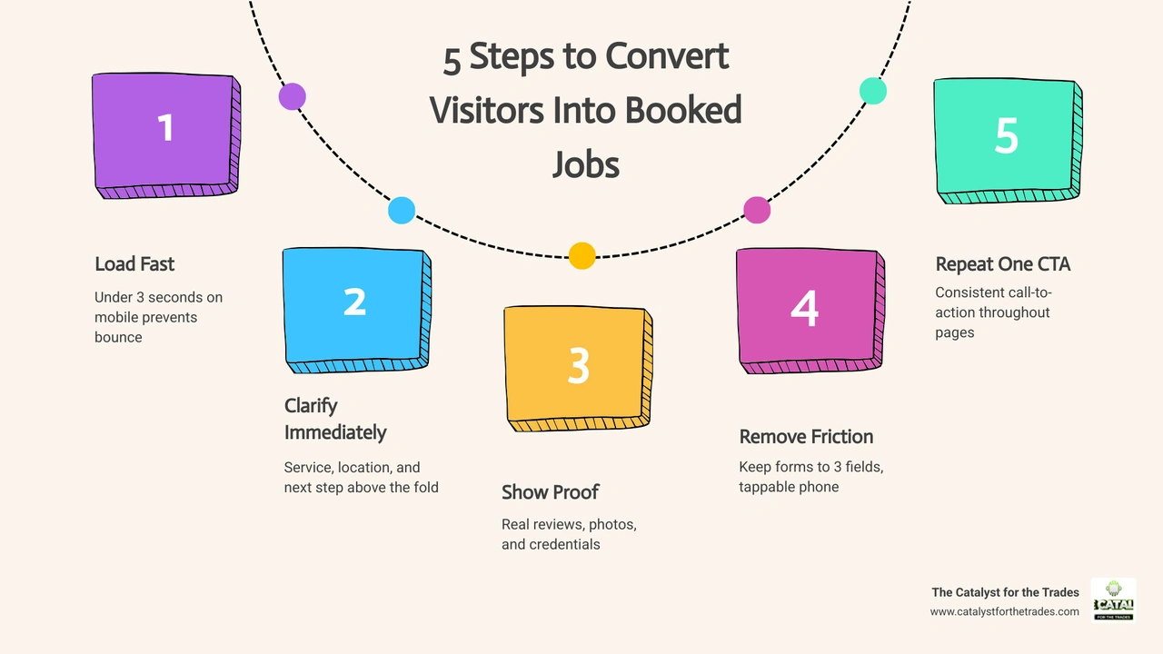 Infographic showing the 3-second visitor decision window and 5 steps to convert home service website visitors into booked